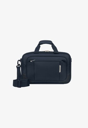 Marineblaue Laptoptasche aus strukturiertem Material, mit zwei Griffen, einem abnehmbaren Schultergurt und einer vorderen Reißverschlusstasche.