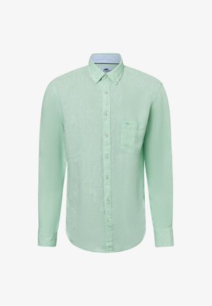 Hellgrünes Langarm-Hemd mit Knopfleiste aus strukturiertem Stoff. Verfügt über einen button-down Kragen und eine einzelne Brusttasche.