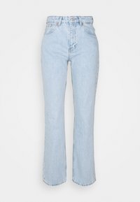 Jeans high-rise di colore blu chiaro realizzati in denim, caratterizzati da una vestibilità dritta con orli sfrangiati e il classico stile a cinque tasche.