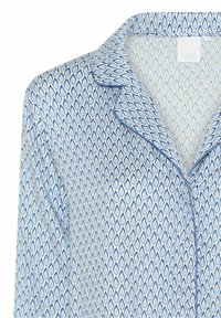 Vaaleansiniinen pyjamapaita, jossa on tummansiniset pisarakuviot, kaulus ja napitettava etuosa. Valmistettu pehmeästä kankaasta.
