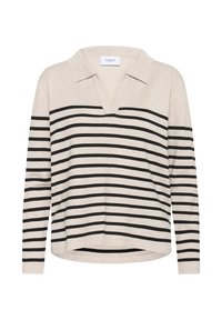 Beige polo shirt met lange mouwen, voorzien van horizontale zwarte strepen, een diepe V-hals en een relaxte pasvorm met zijsplitten aan de onderrand.
