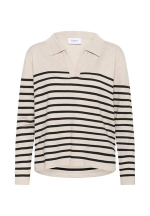 Beige Langarm-Polohemd mit horizontalen schwarzen Streifen, einem tiefen V-Ausschnitt und einem lässigen Schnitt mit seitlichen Schlitzen am Saum.