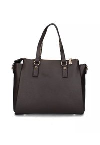 Borsa tote sintetica marrone con due manici superiori, chiusura con zip e dettagli in metallo dorato. Presenta una superficie testurizzata e un design spazioso.