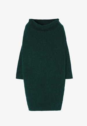 Türkiz gyapjúruha, cseppnyakú, háromnegyedes ujjakkal és karcsú fazonnal, lágy textúrával és minimalista dizájnnal.