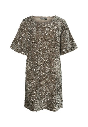 Sequin dress in bronze with a loose fit and short sleeves, featuring a round neckline and an all-over sparkly texture.