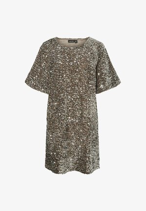 Sequin dress in bronze with a loose fit and short sleeves, featuring a round neckline and an all-over sparkly texture.