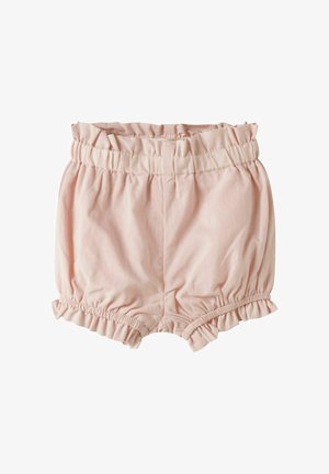 Lichtroze babyshorts met elastische tailleband en gerimpelde pijpjes, gemaakt van zachte stof.
