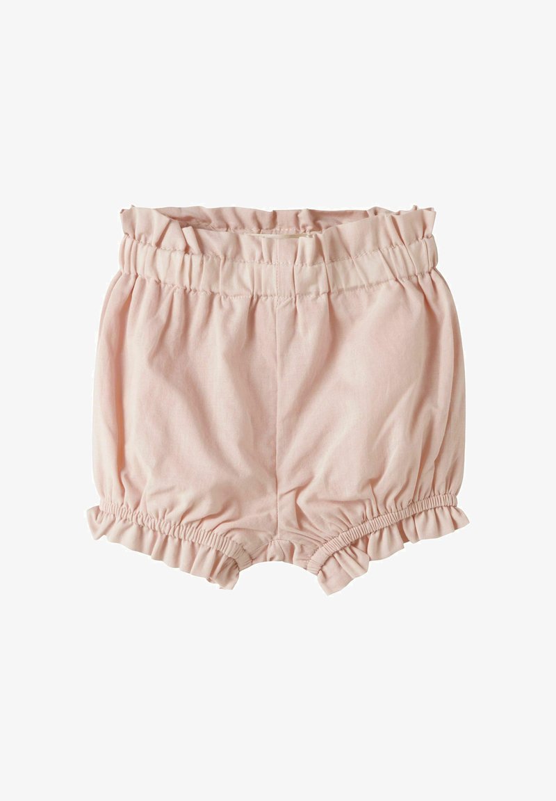Shorts pour bébé rose clair avec taille élastique et bas des jambes à volants, en tissu doux.