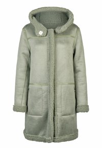 Groene, faux schapenvacht jas met een capuchon, knoopsluiting aan de voorkant, zijzakken met rits en een pluche textuur langs de zoom en mouwen.