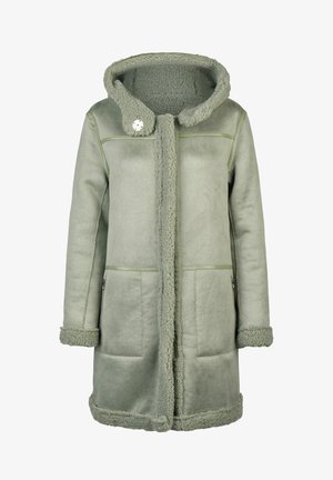 Groene, faux schapenvacht jas met een capuchon, knoopsluiting aan de voorkant, zijzakken met rits en een pluche textuur langs de zoom en mouwen.