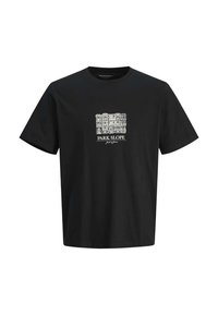 Camiseta de algodón negra con cuello redondo, que presenta un diseño gráfico blanco de edificios y el texto "PARK SLOPE" debajo. Mangas cortas.