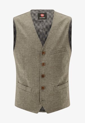 Grau strukturierte Weste aus Stoff mit fünf braunen Knöpfen, einer Tasche auf jeder Seite und einem gemusterten Innenfutter.