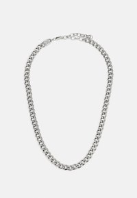 Collana in metallo argentato con anelli interconnessi e lucidi. Presenta una chiusura a gancio e lunghezza regolabile. Superficie liscia e lucida.