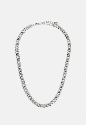 Collier en chaîne en métal argenté avec des maillons interliés et polis. Équipé d'une fermeture à clip et d'une longueur ajustable. Surface lisse et brillante.