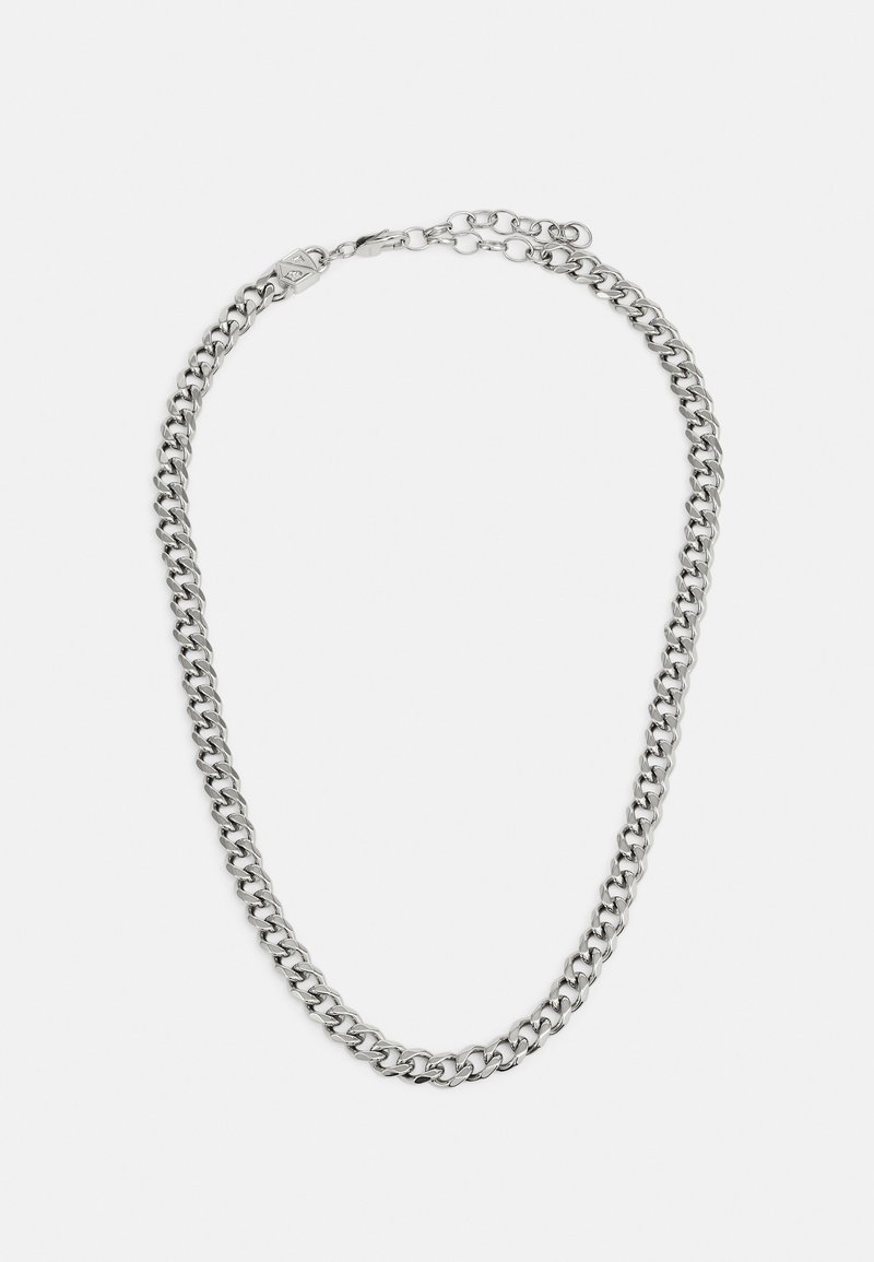 Collana in metallo argentato con anelli interconnessi e lucidi. Presenta una chiusura a gancio e lunghezza regolabile. Superficie liscia e lucida.