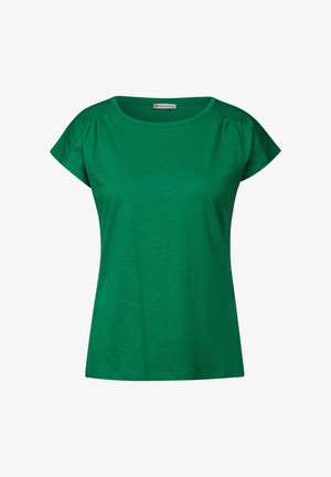 Grünes kurzärmliges T-Shirt mit Rundhalsausschnitt, aus leichtem Stoff, mit Schulterfalten und einer glatten Textur.
