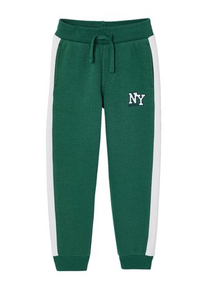 Grüne Sweatpants mit weißen Seitenstreifen, elastischem Bund mit Kordelzug, seitlichen Taschen, gerippten Bündchen und "NY Midtown"-Logo am linken Oberschenkel.