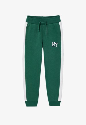 Grüne Sweatpants mit weißen Seitenstreifen, elastischem Bund mit Kordelzug, seitlichen Taschen, gerippten Bündchen und "NY Midtown"-Logo am linken Oberschenkel.