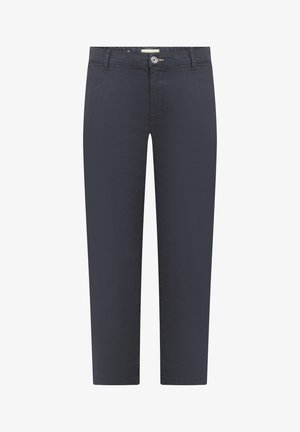 Marineblå bomuldsbukser med en flad talje, knaplukning og lige ben. Glat tekstur uden synlige mønstre eller accenter.