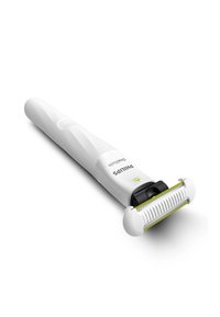 Philips OneBlade scheerapparaat in het wit. Beschikt over een dubbelzijdig mes met een gele en witte beschermkap, ergonomische grip en een ronde punt voor extra veiligheid.