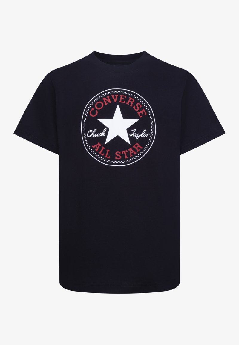 Navy blue cotton t-shirt featuring a round graphic with a white star, red text "CONVERSE" and "ALL STAR," and "Chuck Taylor" in cursive.