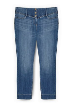 Blaue Denim-Caprihose mit mittelhohem Bund, ausgestattet mit einem Vier-Knopf-Verschluss, Fünf-Taschen-Design und leicht verwaschenem Finish.