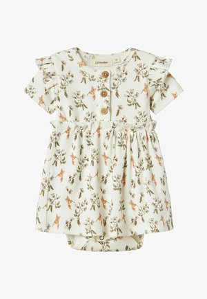 Robe à motifs floraux avec des manches courtes, présentant une texture côtelée, des boutons en bois et une taille froncée. Les couleurs incluent crème, rose et vert.