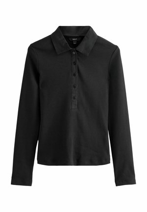Polo noir à manches longues en maille côtelée avec un col pointu et une patte de boutonnage à cinq boutons au centre avant.