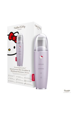 Dispositif exfoliant pour la peau à microcourant parfum lavande de marque Hello Kitty, avec capuchon transparent, à côté de sa boîte d'emballage blanche.