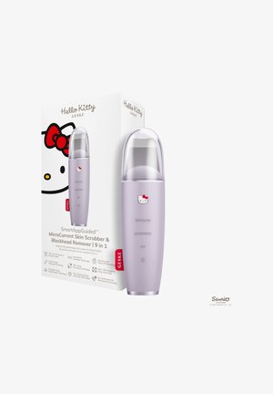 Hello Kitty Marken Lavendel Mikrostrom-Hautschaber und Mitesser-Entfernungsgerät mit klarem Deckel, neben seiner weißen Verpackungsbox.