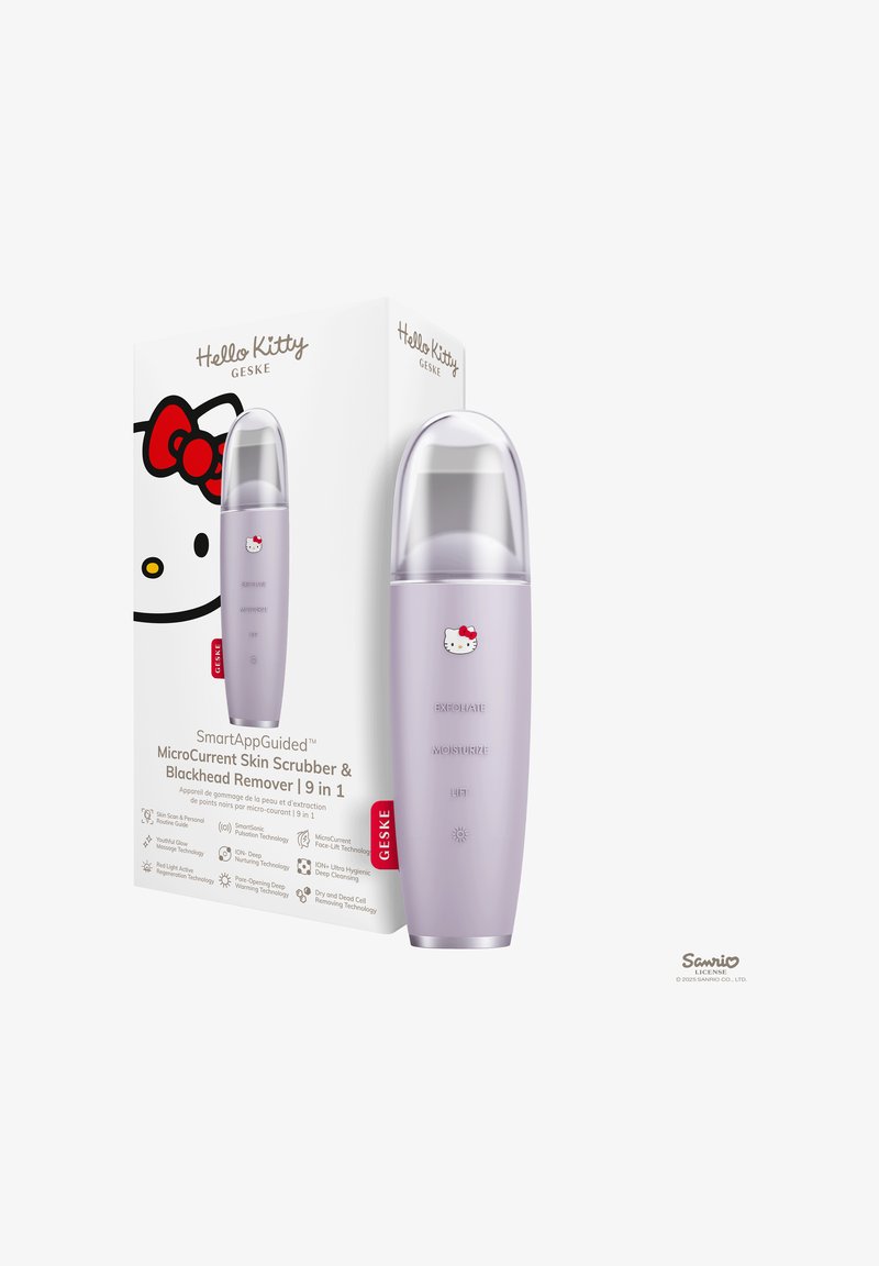 Hello Kitty branded lavender microcurrent skin scrubber and blackhead remover device with clear cap, next to its white packaging box.