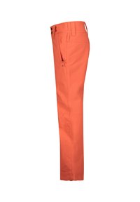 Oranje broek van lichtgewicht stof, met een rechte pijp, twee voorzakken en een ritszak opzij.