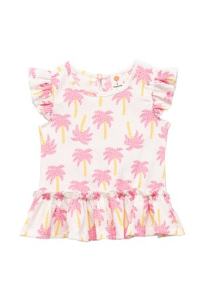 Biała bluzka z różowym nadrukiem palmy i żółtymi akcentami, z falbaniastymi rękawami i rozkloszowanym dołem, wykonana z teksturowanej tkaniny.