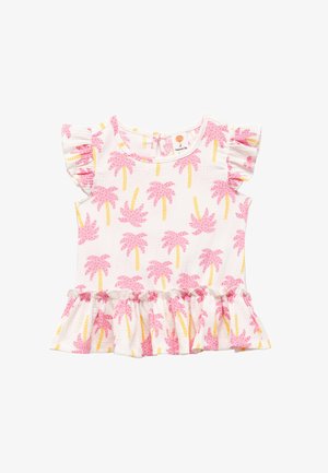 Haut blanc avec imprimés de palmiers roses et d'accents jaunes, manches volantées et ourlet évasé, fabriqué en tissu texturé.