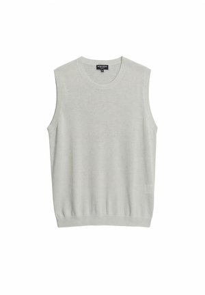 Hellgraue gestrickte ärmellose Pulloverweste mit Rundhalsausschnitt und geripptem Saum, Größe Medium.