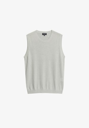 Chaleco de suéter sin mangas de punto en gris claro con cuello redondo y dobladillo acanalado, talla mediana.