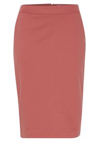Jupe crayon longueur genou en tissu rose pâle, texture lisse, design ajusté, avec une fermeture éclair discrète à l'arrière et sans motifs ni embellissements visibles.