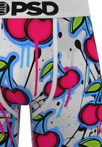 Stylish boxer briefs featuring a vibrant pink cherry print on a gray background, accented with green leaves and blue paint splatters.