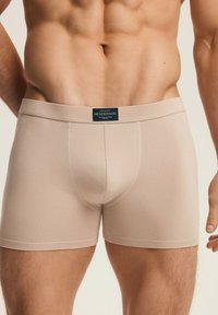 Male torso wearing beige fitted boxer briefs with a black Henderson label on the waistband, standing against a plain background.