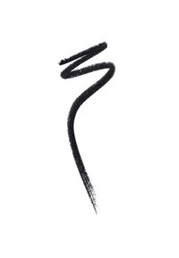 Segno di matita per eyeliner nera, texture liscia, forma a zigzag, finitura opaca, con un effetto sfumato che indica variazioni di spessore.