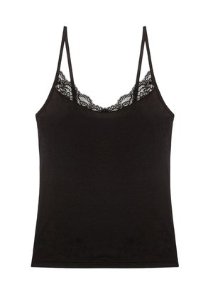 Black sleeveless camisole with thin straps and lace trim along the neckline, displayed flat on a white background.