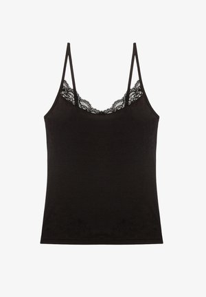 Zwarte mouwloze top met dunne spaghettibandjes en kantafwerking rond de halslijn, plat weergegeven op een witte achtergrond.