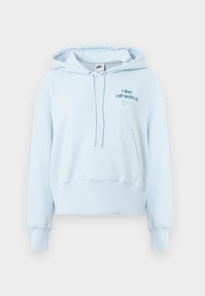 Ljusblå hoodie i mjukt tyg, med framficka, huva med dragsko, ribbade muddar och broderade Nike-logotyper.
