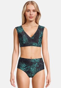 Maillot de bain noir sportif deux pièces, avec un haut de bikini à décolleté en V et larges bretelles, et un bas taille haute, orné de motifs floraux teal.