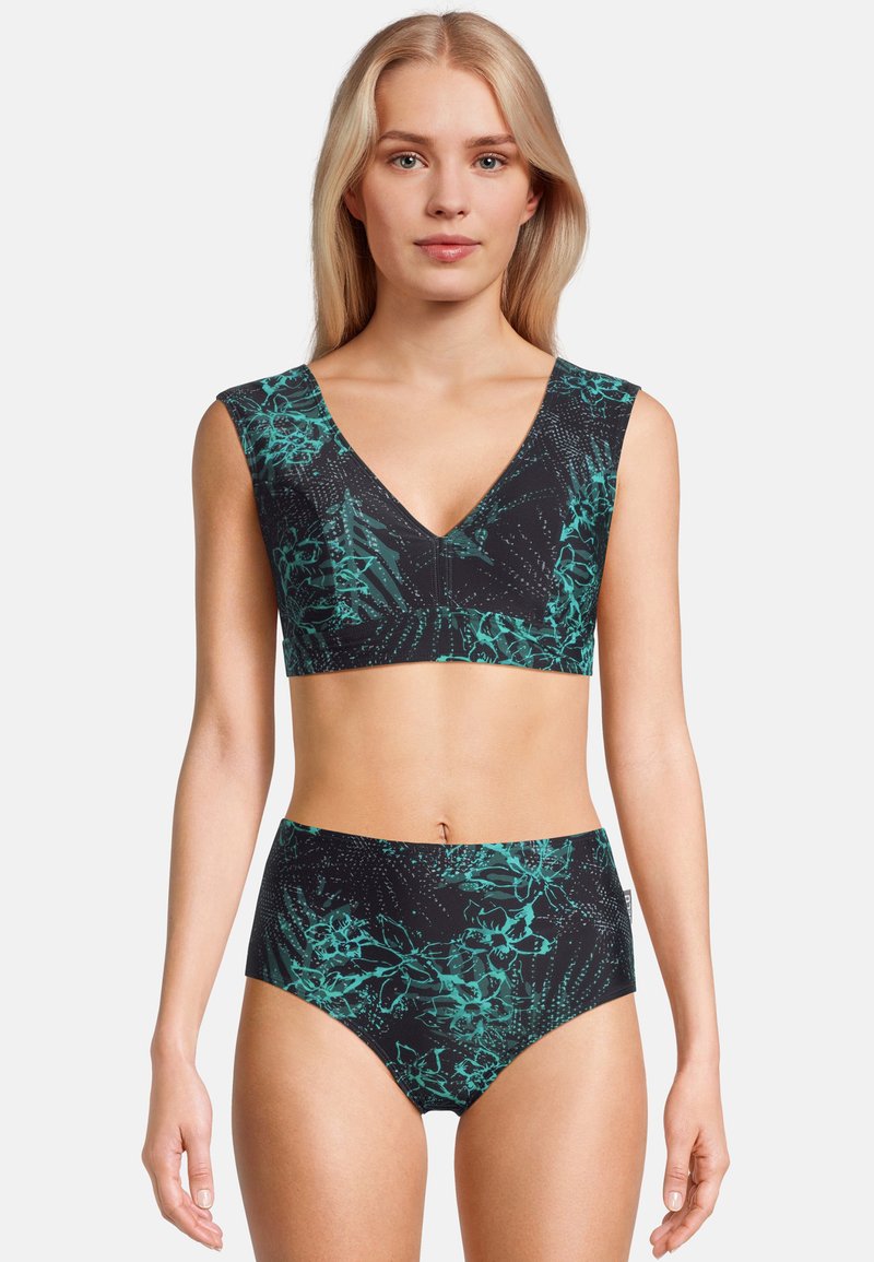 Maillot de bain noir sportif deux pièces, avec un haut de bikini à décolleté en V et larges bretelles, et un bas taille haute, orné de motifs floraux teal.