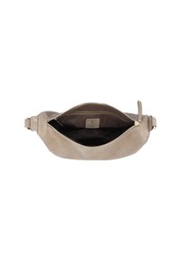 Beige leather handbag with a textured exterior, zipper closure, and a dark fabric interior. Features a single strap and a compact design.