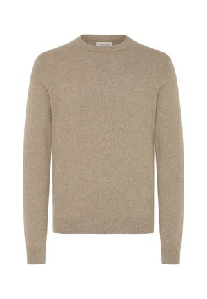 Beige genser i mykt strikket materiale; har rund hals og lange ermer med ribbestrikkede mansjetter og nederkant. Ingen mønstre eller detaljer.