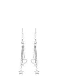 Silverörhängen med två kedjor, prydda med en hjärt- och stjärncharms. Designen inkluderar en slät silverkul och en polerad yta.