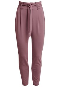 Růžové kalhoty s vyšším pasem a opaskem, s plisovaním na přední části a zúženými nohavicemi, vyrobené z měkkého, elastického materiálu.