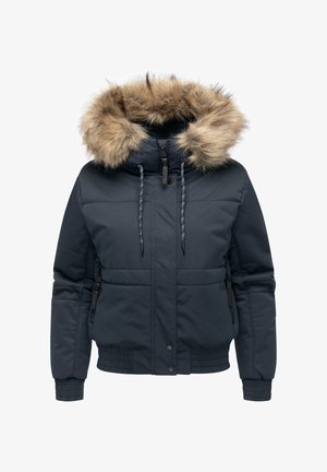Mørkeblå polstret vinterjakke med elastiske manchetter, frontlynlås, knapper, hætte og brun faux pels trim omkring hætten.